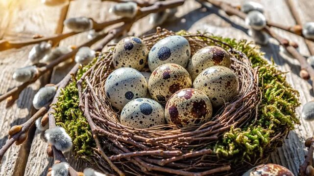 Close-up of a nest filled with speckled quail eggs surrounded by pussy willow branches, rustic spring decor
