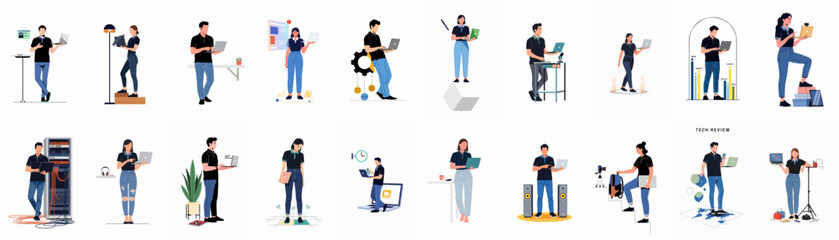 Naklejka premium Collection of 20 flat vector illustrations featuring diverse tech professionals and content creators using laptops, tablets, and digital devices in modern workspace scenarios.