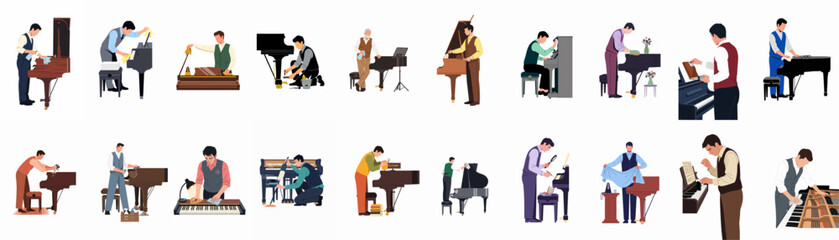 Flat Illustration Set of Professional Technicians and Owners Cleaning, Repairing, and Maintaining Grand and Upright Pianos in Various Settings. © Wohlu