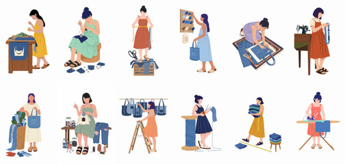 Fototapeta premium Collection of flat illustrations showing women engaged in sewing, tailoring, and upcycling denim into handmade bags and sustainable fashion garments.