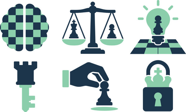 A creative vector illustration set featuring strategic chess elements like brains, scales, lightbulbs, keys, hands, and locks for business concepts