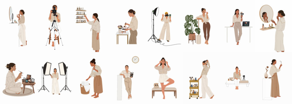 A set of flat illustrations featuring a female beauty influencer engaged in content creation, skincare, professional photography, and makeup application in a minimalist aesthetic.