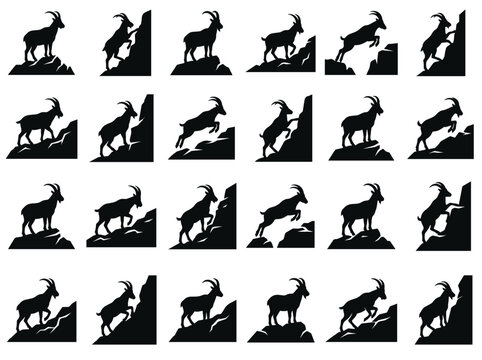 Mountain Goat Silhouette Set - Climbing, Jumping, Standing on Rocks