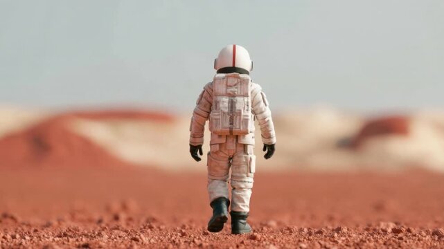 Astronaut walking on a red rocky terrain with dusty surface under clear sky in a barren alien desert landscape exploration