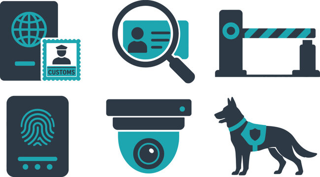Detailed vector illustration showcasing essential border security icons including passports customs stamps identification scanners surveillance cameras and a trained dog