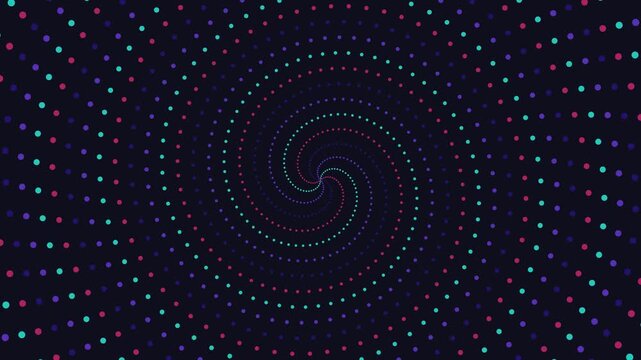 Neon dotted spiral motion background, abstract hypnotic tunnel animation, futuristic digital pattern