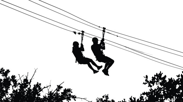 Two people wearing helmets enjoying a fast zip line adventure ride against a bright sky