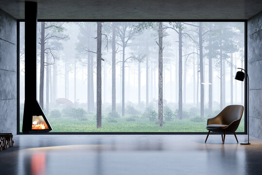 3d render of a modern luxury living room with panoramic glass wall overlooking a misty pine forest,