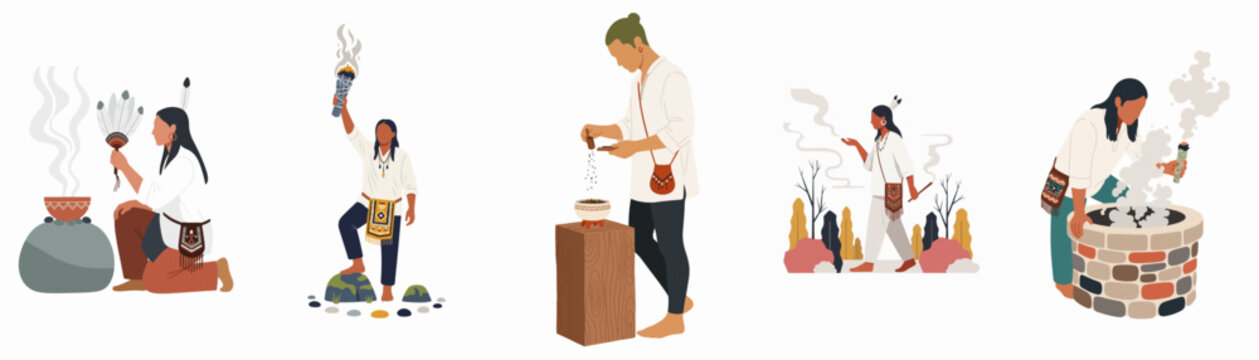Flat vector illustration set of indigenous people performing spiritual rituals, smudging ceremonies, and traditional healing practices with smoke and herbs.