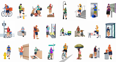 Naklejka premium Set of delivery couriers using smartphones while delivering packages, food, and mail by bicycle, scooter, and foot in various city locations.