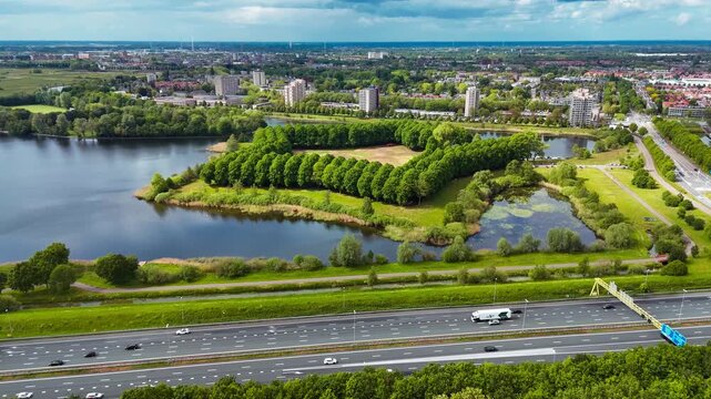 Aerial drone view of the five pointed star shaped park Pettelaarse Schans, Netherlands, May 14, 2026. High quality 4k footage