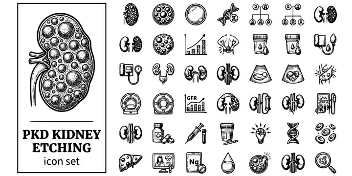 PKD Kidney Disease Etching Black White-Cyst Distribution Enlarged Genetic-Polycystic Vector-PKD Icon Etching-Nephrology Design Set