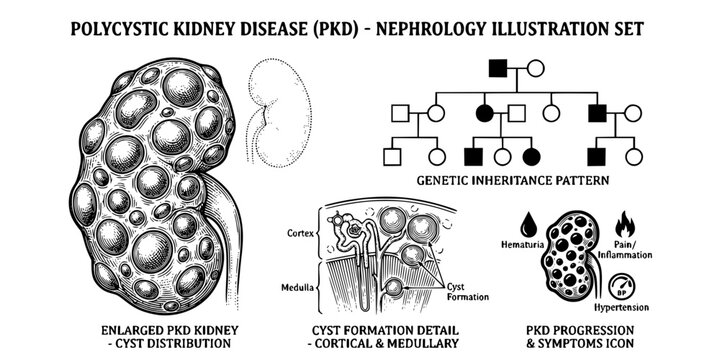 PKD Kidney Disease Etching Black White-Cyst Distribution Enlarged Genetic-Polycystic Vector-PKD Icon Etching-Nephrology Design Set
