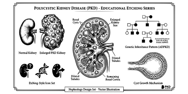 PKD Kidney Disease Etching Black White-Cyst Distribution Enlarged Genetic-Polycystic Vector-PKD Icon Etching-Nephrology Design Set