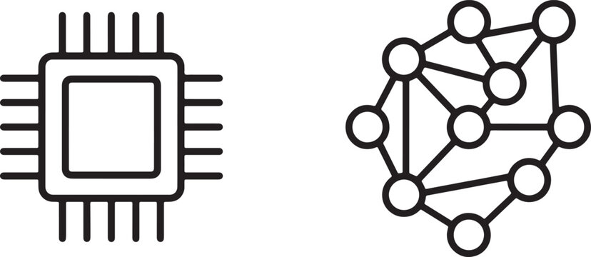 Art & Illustration, Computer microchip processor hardware and multi node digital network connection web line art. Technology infrastructure system, data circuit, and CPU core concept.