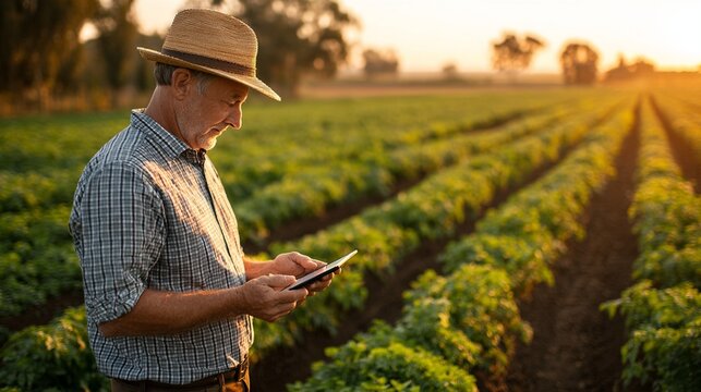 Farmer Using Tablet to Monitor Crops and Irrigation at Golden Hour