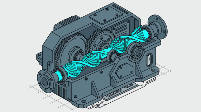 Isometric 3D rendering of a mechanical gear system with glowing DNA helix