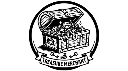 Treasure Chest Filled With Diamonds and Jewels, Vintage Style Illustration © Jui