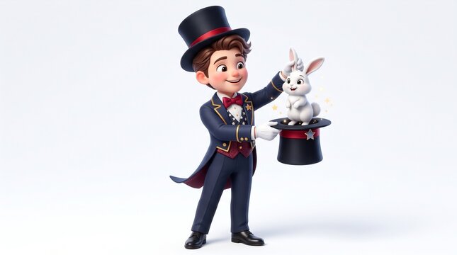 Young magician pulling rabbit from top hat 3D render