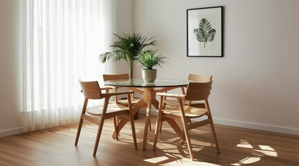 Fototapeta premium Sunlit dining area with round glass table four wooden chairs. Potted plants on table add greenery. Modern interior design, peaceful home atmosphere.