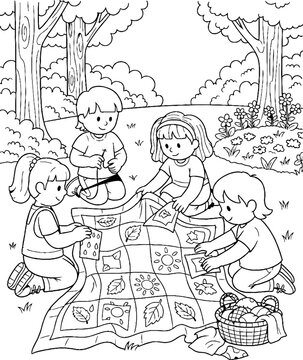 Children enjoying outdoor picnic with quilt and snacks together.