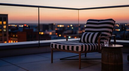 Obraz premium Modern striped lounge chair on a city rooftop balcony at dusk. A glass of water sits on a small woven table beside the chair. The urban skyline glows with evening lights.