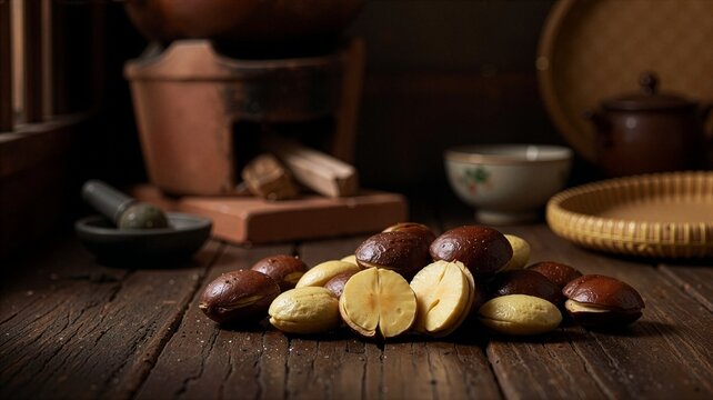 Fresh Peeled Jengkol Beans on Rustic Wooden Table in Traditional Indonesian Kitchen