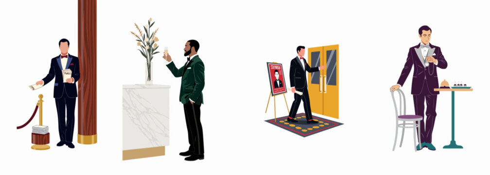 Vector illustration set of elegant men in various formal tuxedos participating in high-end social events and gala celebrations.
