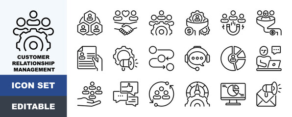 Fototapeta premium Customer Relationship Management Icon Pack Featuring Segmentation, Customer Relationship, Lead Generation, Sale Pipeline, Campaign, Workflow, Demographic Insights