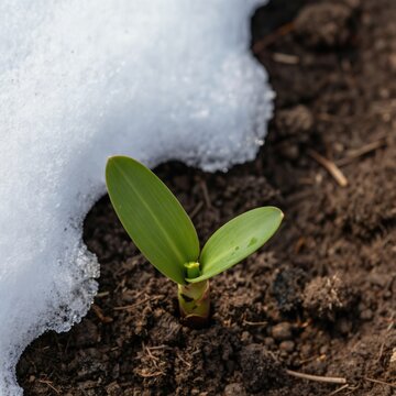 Green sprout pushes through dark earth next to melting snowbank. Tiny plant begins new growth after winter cold. Sunlight warms soil, signaling spring.
