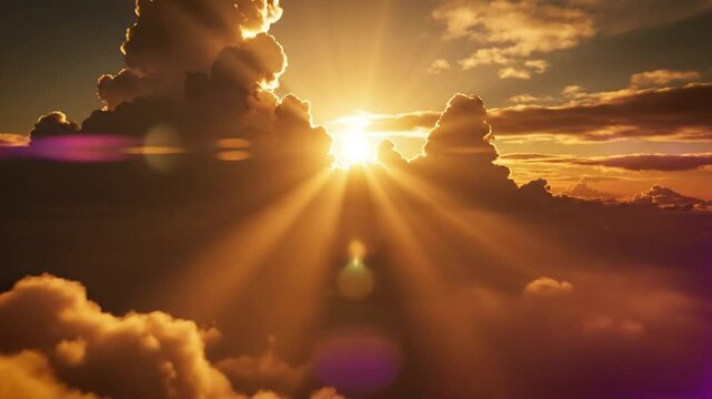Glorious aerial view of bright sunlight bursting through clouds at sunrise or sunset in a beautiful sky