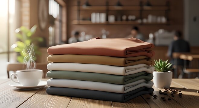 A stack of colorful notebooks on a wooden table in a cozy cafe with a cup of coffee and plants.
