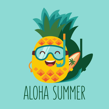 A cheerful and vibrant cartoon pineapple character, wearing snorkel gear, capturing the spirit of summer and joy while promoting a fun and tropical atmosphere for all ages.