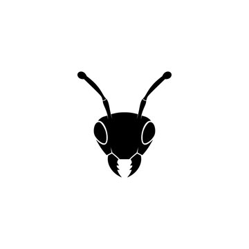 Black vector silhouette illustration of a front-facing ant head featuring antennae and mandibles, isolated on a white background