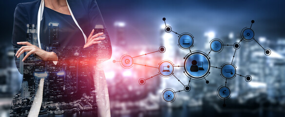 A businesswoman stands confidently as networks of digital connections emerge behind her, symbolizing innovation and the evolving landscape of modern business practices. Tessel © InfiniteFlow