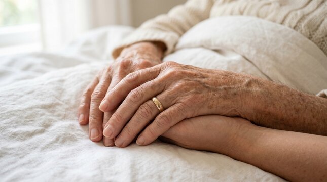 Elderly couple holding hands together while resting in a comfortable bed