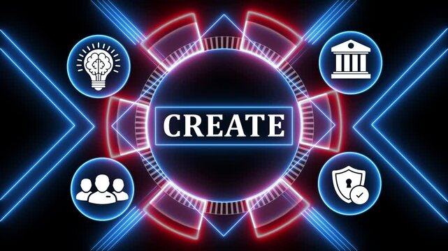 Creative concept animation displaying corporate business terminology on neon screen.