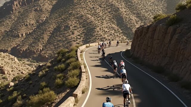 Group of Cyclists Race Along a Winding Mountain Road