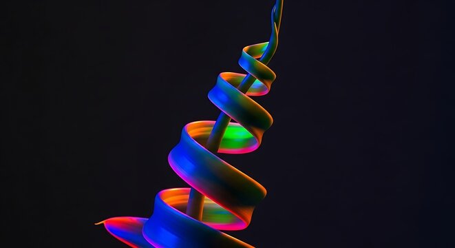 Surreal Neon Spiral Tropical Plant with Glowing Rainbow Ribbon Leaves, Futuristic Abstract Botanical Design, Vibrant 3D Illustration on Black Background