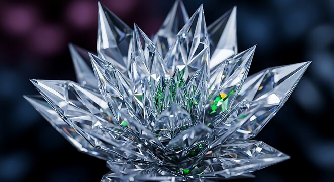 Luxury Crystal Lotus Flower Sculpture with Faceted Glass Petals, Elegant Transparent Botanical Art, Sparkling Gem Inspired 3D Illustration