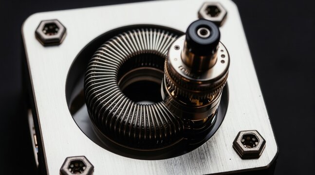 Macro view shows vape atomizer deck with dual precision wound coils. Metal wire forms heating elements for custom e-cig builds, tech gadget close-up.