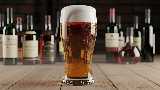 Foamy glass of beer in front of wine bottles.