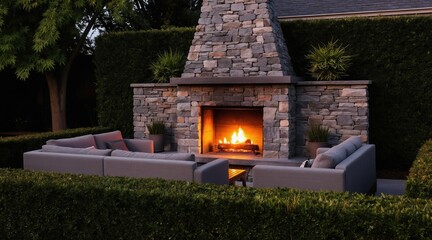 Fototapeta premium Stone outdoor fireplace with warm fire in comfy seating area. Green hedges surround the luxury patio. Evening relaxation spot with soft light ambience. Gather friends family for cozy nights.