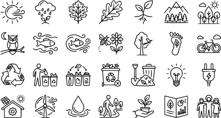 Obraz premium Environmental Sustainability Line Art Icons Set: Ecology, Nature, Recycling, and Green Energy Symbols