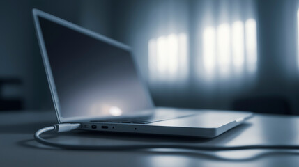Fototapeta premium Laptop Connected to Power Cable with Soft Background Lighting