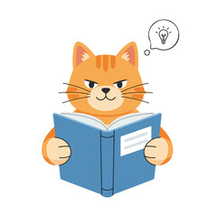 An orange tabby cat looks focused while reading a blue book, with a light bulb appearing in a thought bubble to signify a clever idea.
