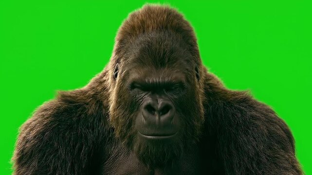 Gorilla Feigning Attention, Nodding and Zoning Out, Blank Stare, Green Screen Chroma Key.