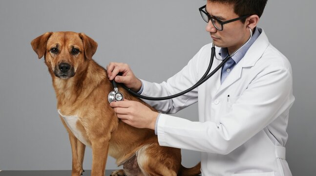 Male vet in white coat uses stethoscope to check brown dog health in clinic. Doctor listens to dog breathing sounds. Canine medical examination for pet wellness.