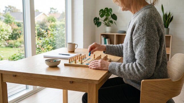 Senior woman playing with wooden peg board game at home to improve focus