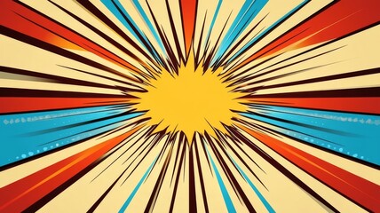 Fototapeta premium Retro comic book style background featuring explosive sunburst rays and vibrant colored burst elements for graphic design projects.